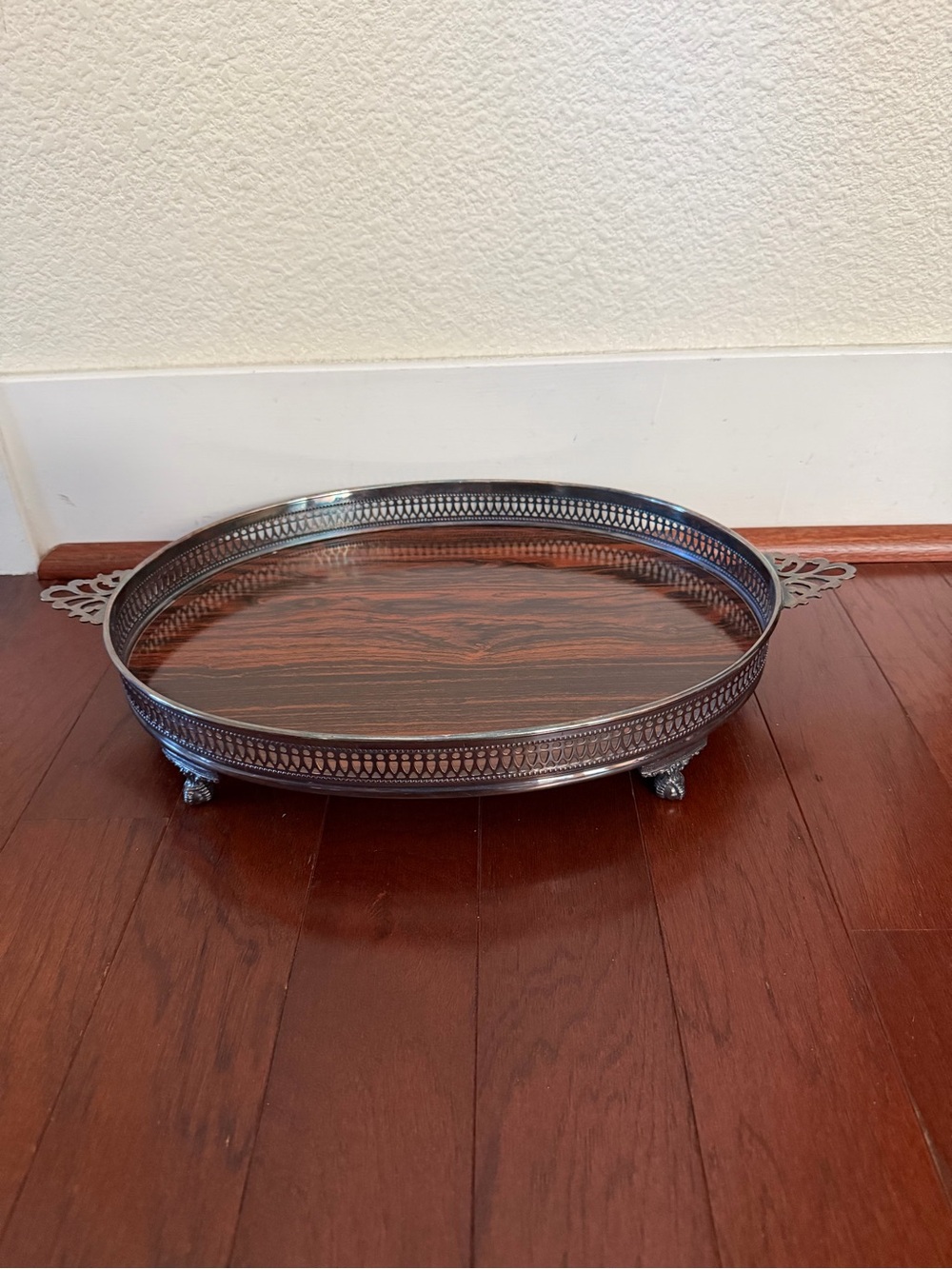 VTG MCM Sheffield Silver Co. Footed Gallery Serving Tray w/ Faux Rosewood Famica